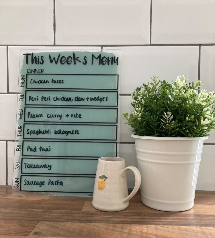 This Week's Menu Food Meal Planner Painted A4 Clear Acrylic Wipeable Sign With Drywipe Pen-1