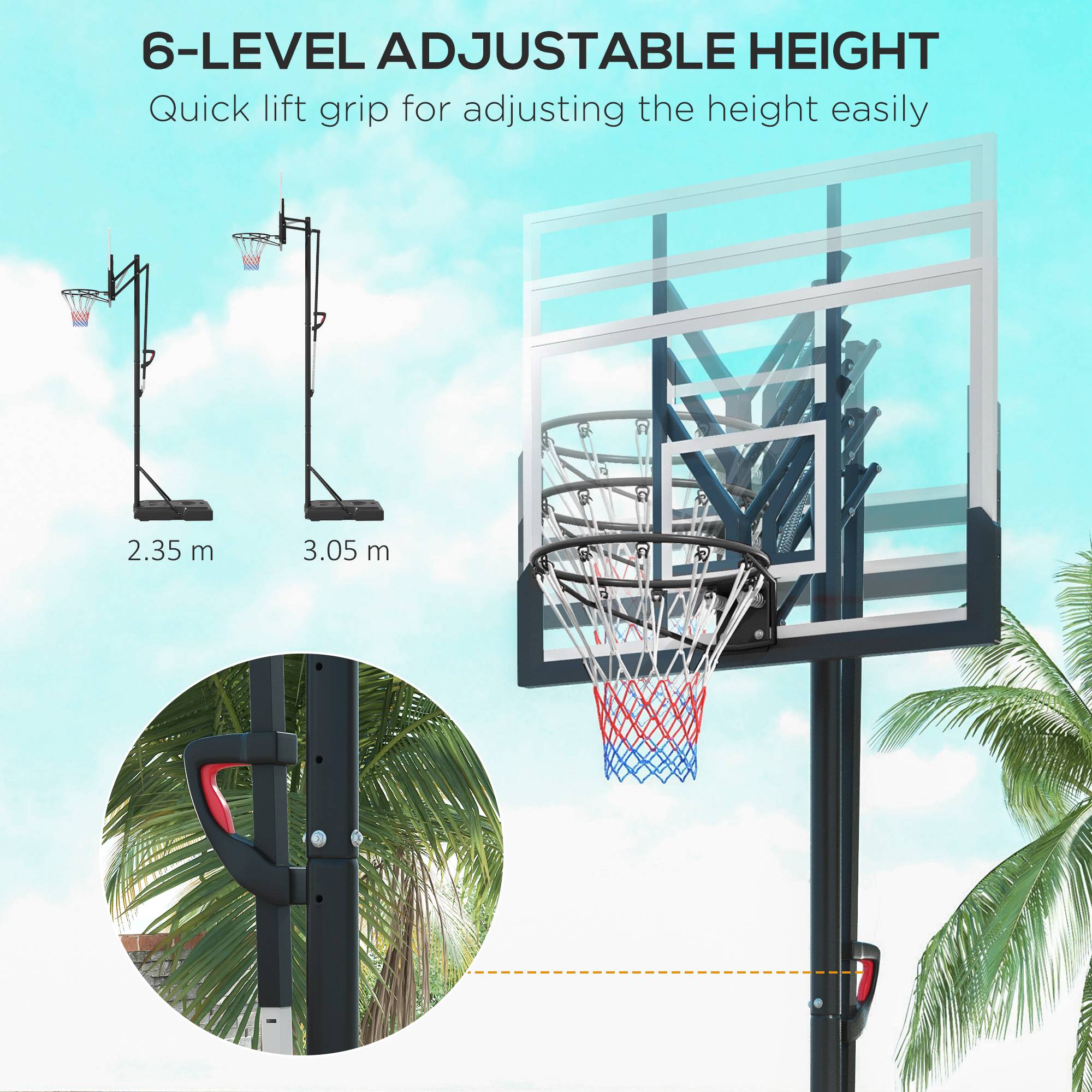 6 Level Height Adjustable Freestanding Basketball Hoop with Stand and Wheels, 2.35M-3.05M | SPORTNOW-3