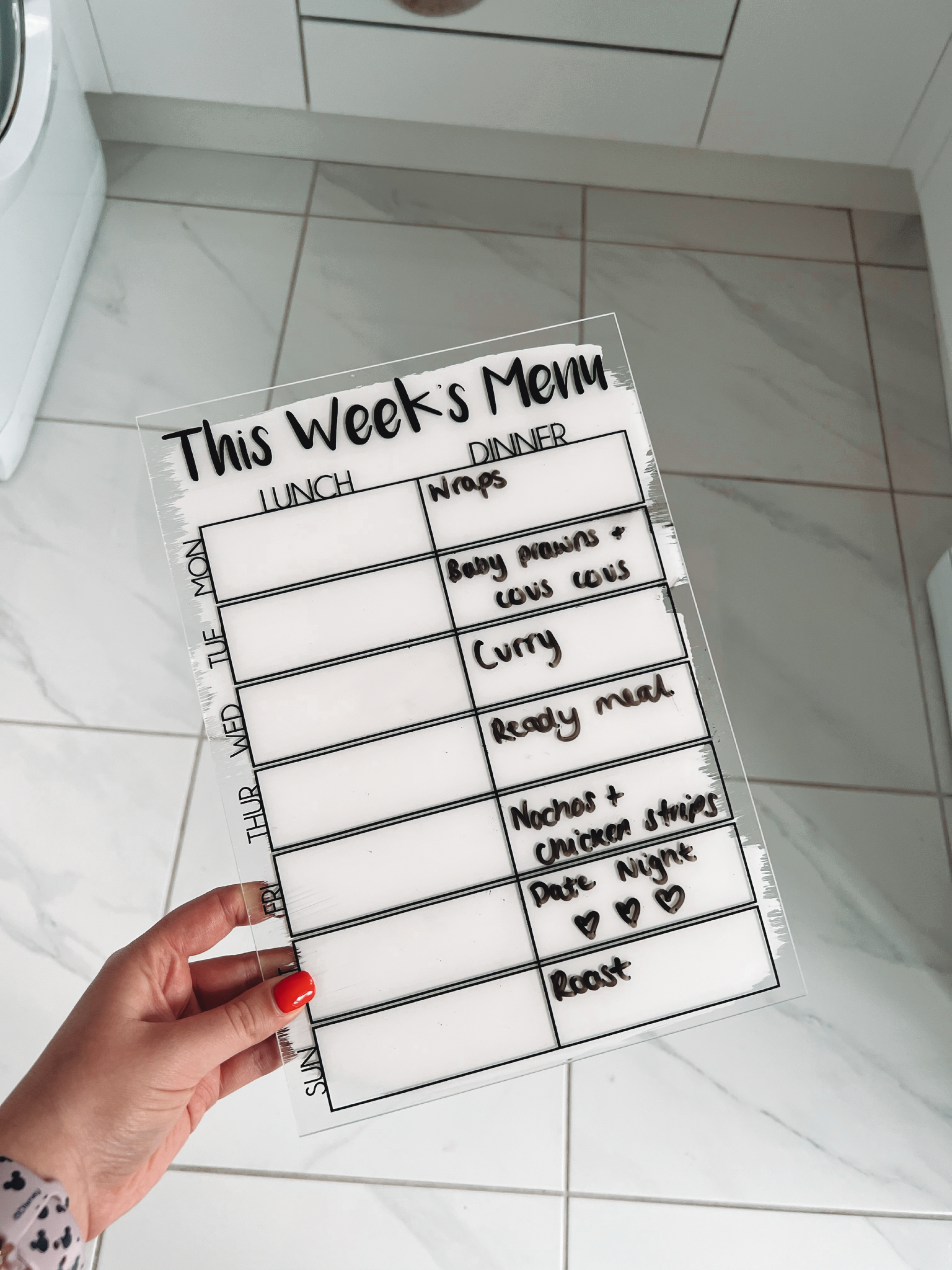 This Week's Menu Food Meal Planner Painted A4 Clear Acrylic Wipeable Sign With Drywipe Pen-3