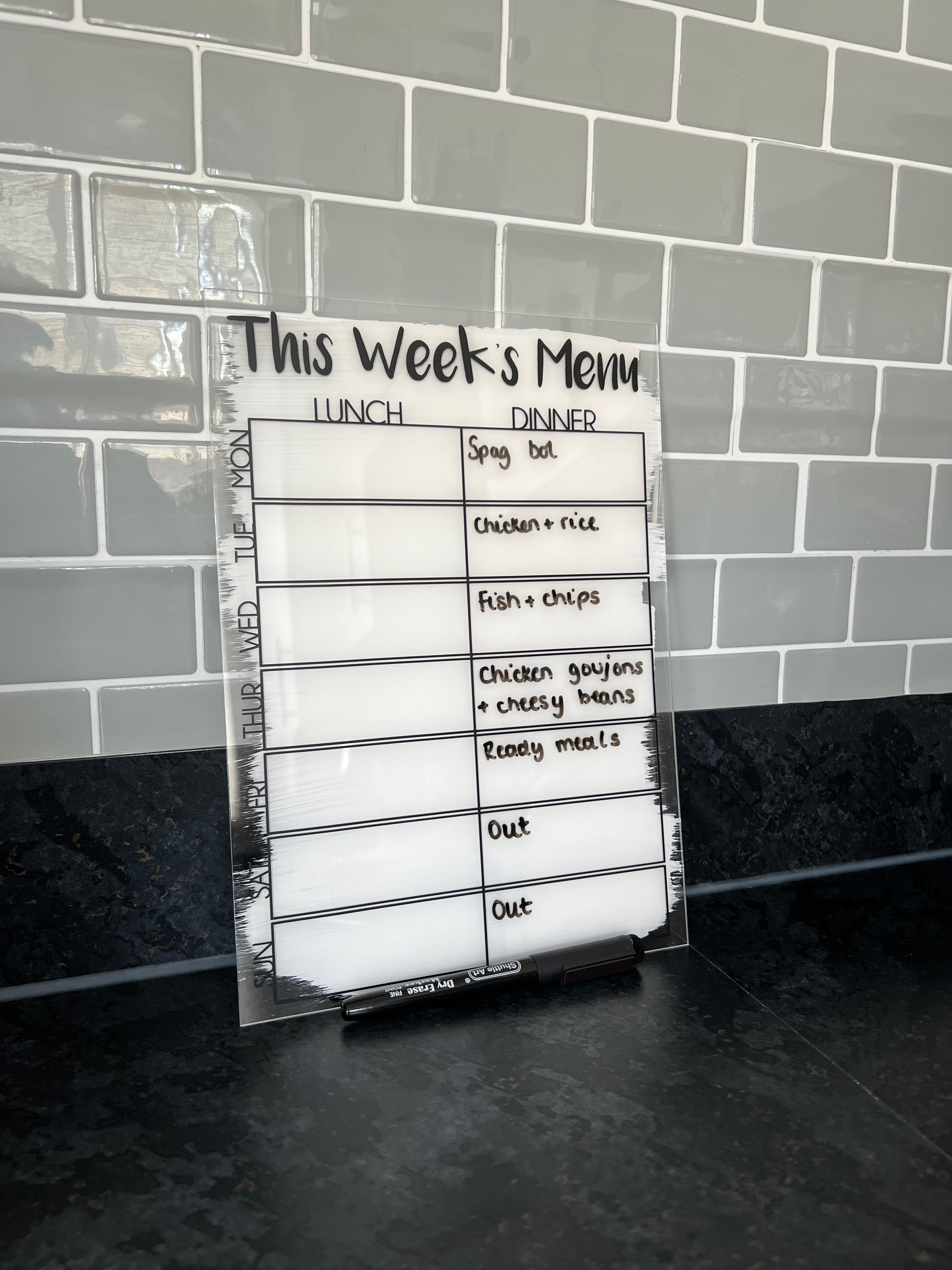 This Week's Menu Food Meal Planner Painted A4 Clear Acrylic Wipeable Sign With Drywipe Pen-2