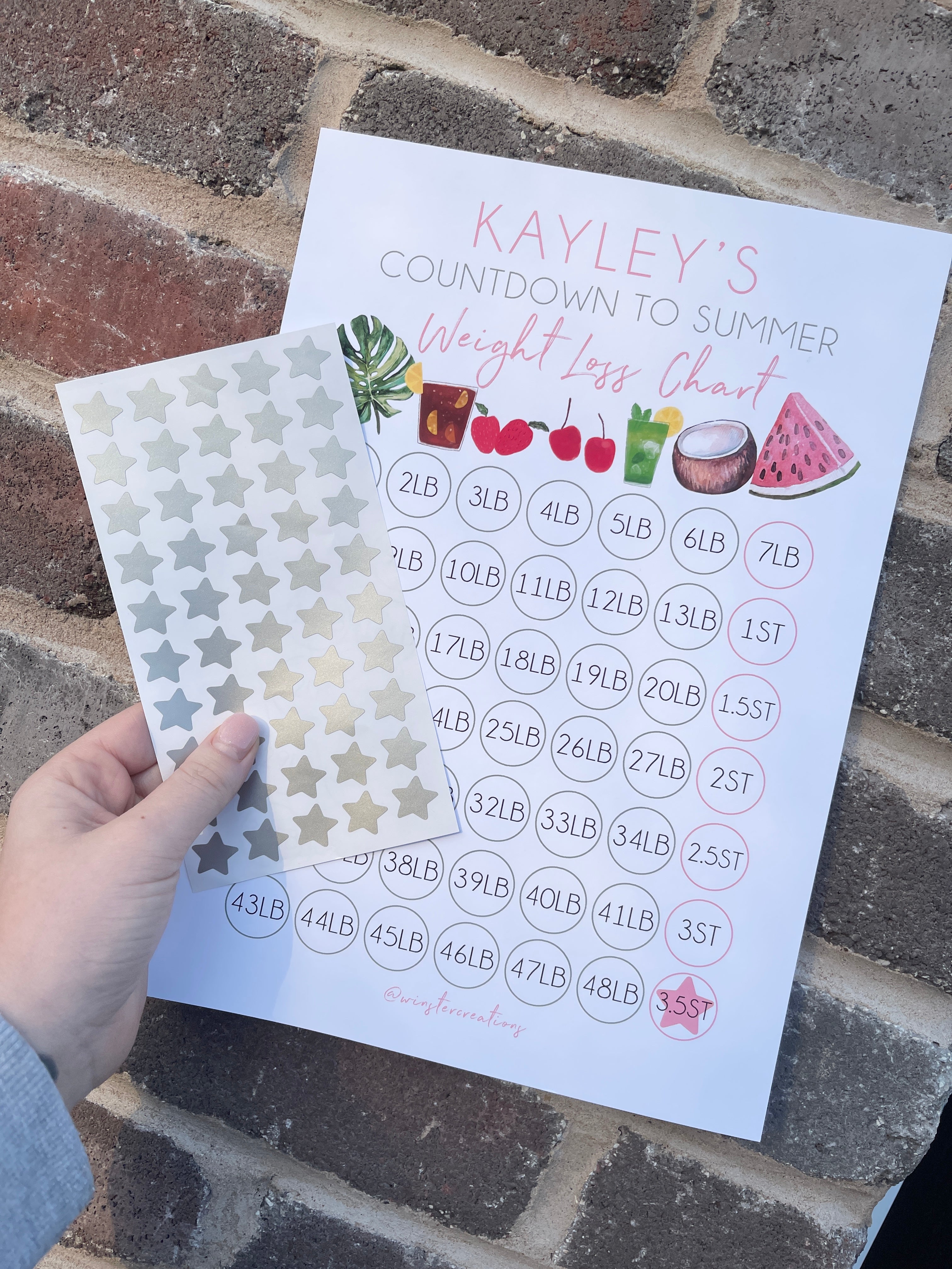 Personalised A4 Name Countdown To Summer Weight Loss Chart Tracker Print - st. lb Units - Laminated With Stars-1